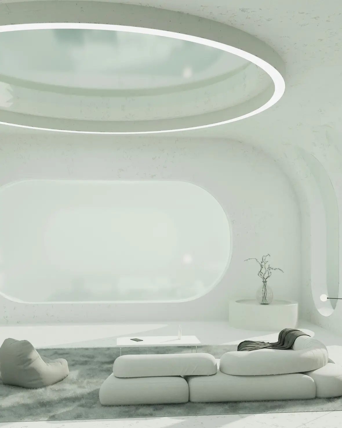 Ambiente futurista e minimalista, com formas orgânicas arredondadas que remetem à conexão entre espaços